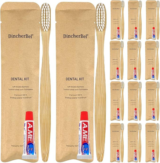 Bamboo Toothbrushes Kit Bulk, Disposable Toothbrushes with Toothpaste(6g), Individually Wrapped Toiletries Amenities for Hotel, Airbnb, Homeless, Shelter, Camping and Travel (100 Pack)