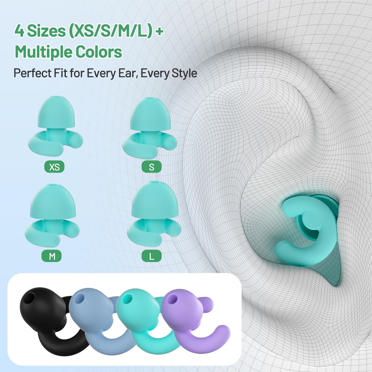 HeyFir Ultra-Soft Noise Cancelling Ear Plugs, Reusable Silicone for Sleep Concerts Travel Office,33dB (NRR),Ergonomic Integrated Design Fit for Small Ear Canals Noise Sensitivity (Green, 4 Pairs)