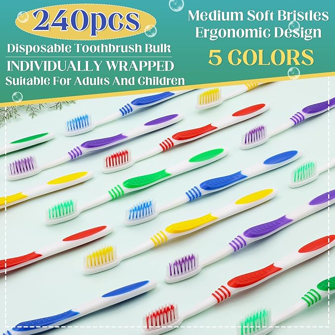 240 Pcs Toothbrush Bulk Disposable, Travel Toothbrushes Pack, Soft Bristle Individually Wrapped and Good Cleaning for Kids, Adult and The Elderly. Suitable for Hotel, Travel, Home, Donated