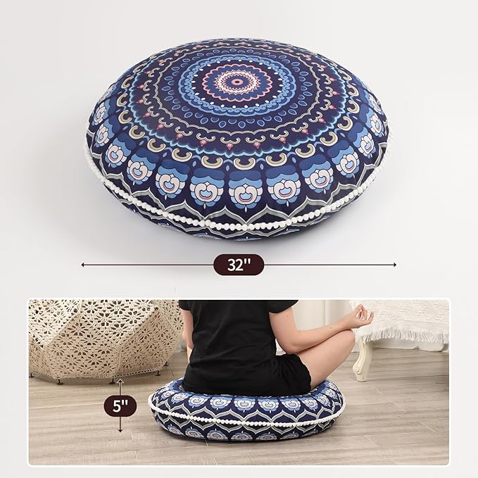 32 inches Meditation Floor Cushion for Adults, Round Large Thick Floor Pillow, Memory Foam Filling, Navy Blue