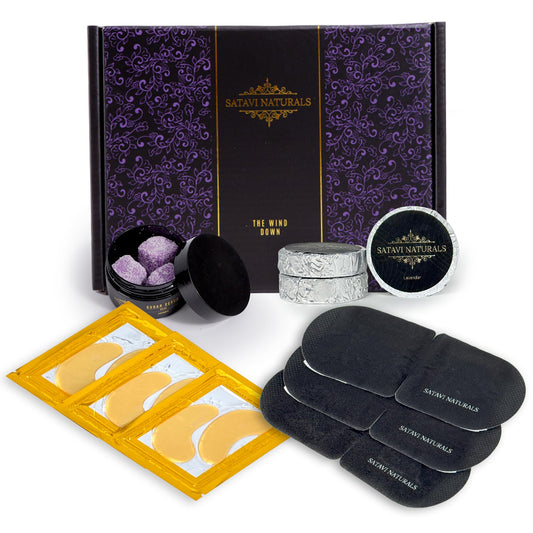 Satavi Naturals The Wind Down Self Care Set - Relaxation Kit and Care Package Including Steam Eye Mask, Lavender Sugar Scrub & Aromatherapy Shower Steamers, 24K Gold Eye Masks - Spa Gifts for Women