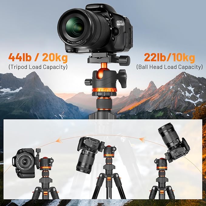 JOILCAN 66" Camera Tripod, Travel Tripod for Camera with 360° Ball Head & Phone Holder, Lightweight Compact Tripod for DSLR/Smartphone Photography, Max Load 22lbs