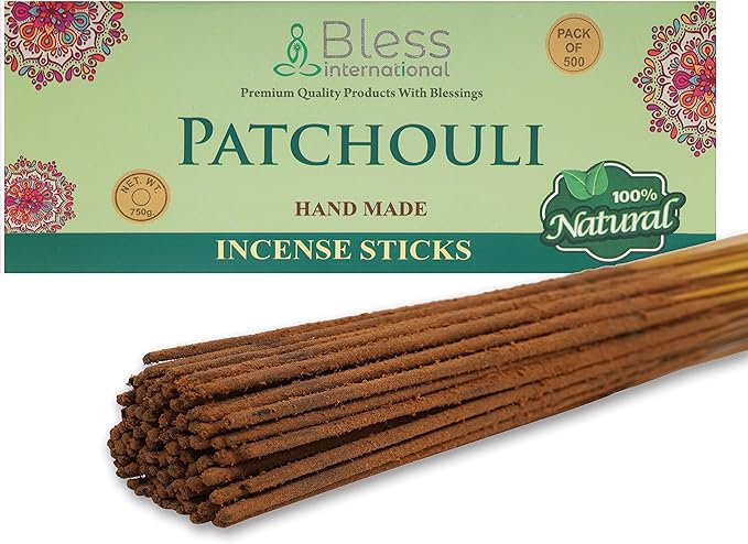 Bless-Patchouli 100%-Natural-Handmade-Hand-Dipped Organic-Chemicals-Charcoal-Free Purification-Relaxation-Positivity-Yoga-Meditation Best-Woods-Scent (500 Sticks (26 OZ))