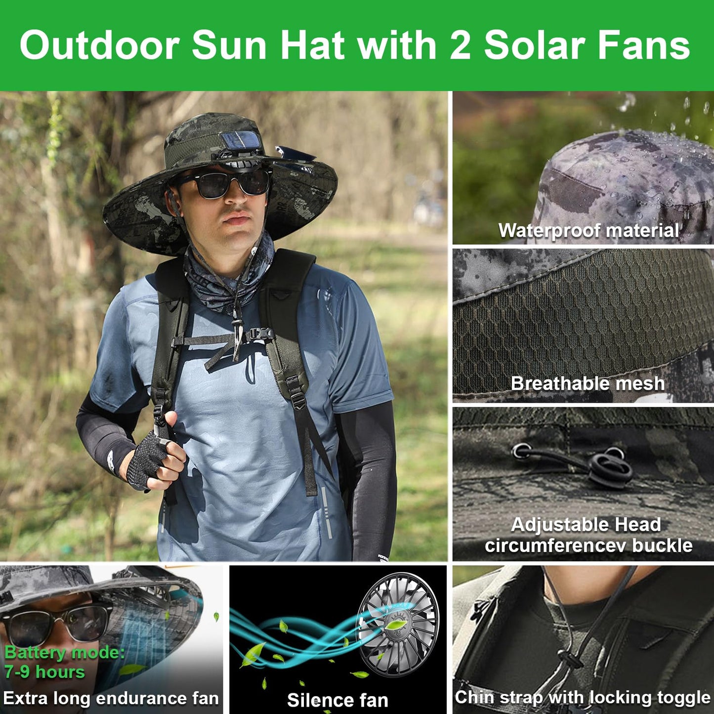 Fishing Hats with Sunglasses, Wide Brim Sun Hat with 2 Solar Fan, USB & Solar Powered Fishing Hats, Solar Fan Hats UPF 50+ (Camouflage Green)