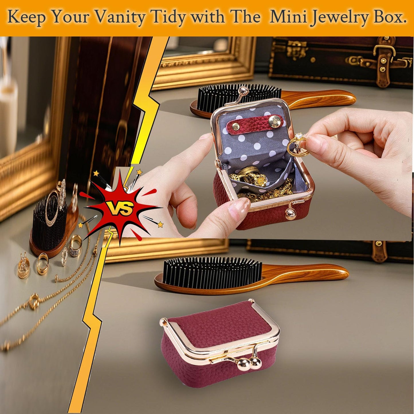 FURZART Genuine Leather Jewelry Travel Case Mini Portable Organizer with Kiss Lock & Anti-Tip Design, Stable Small Jewelry Box for Earrings, Rings, Coin Purse for Travel (2.55x1.77 Inch, Pink)