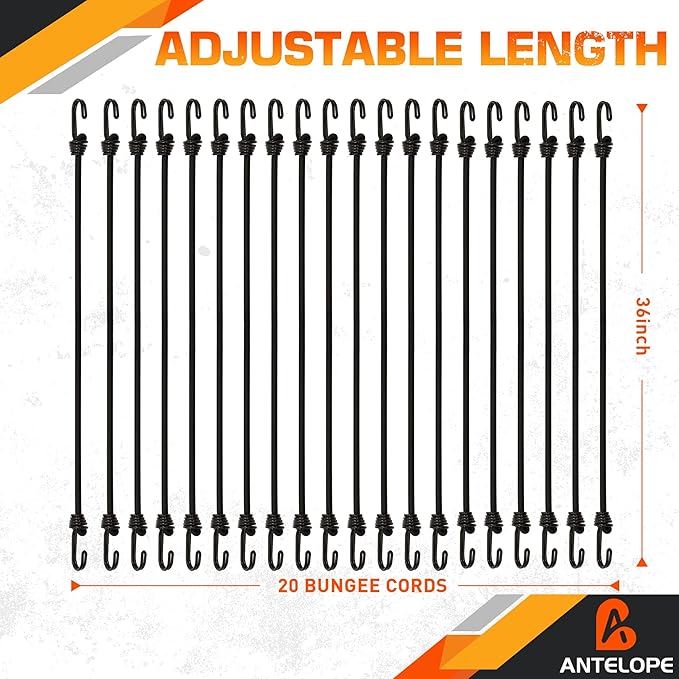 A ANTELOPE Outdoor Bungee Cord Assortment - Heavy Duty Set of 20 Bungee Cords (36") Double J Hooks - Multipurpose Elastic Straps for Fastening Tarps, ATV, Camping, Trucks, Motorcycles, Bikes