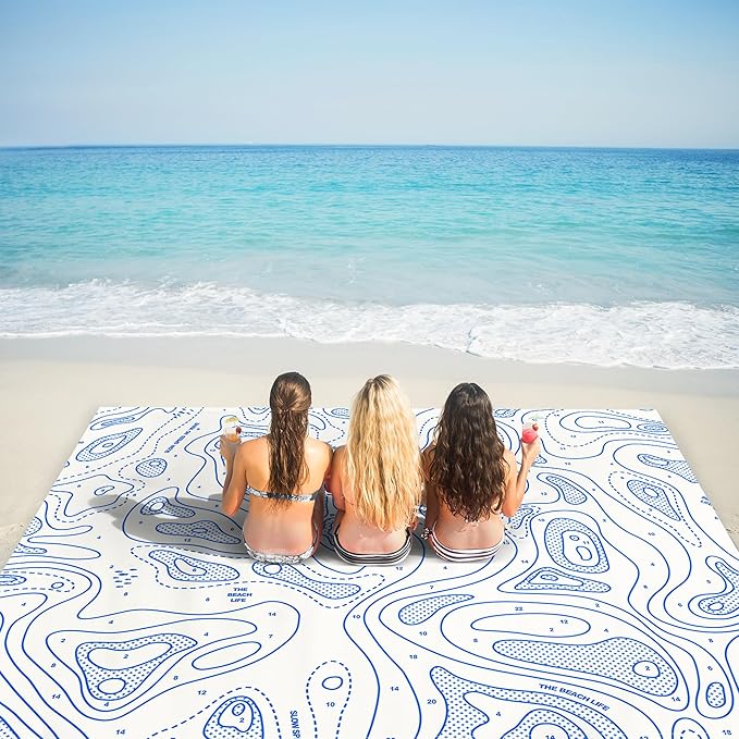 110''×118'' Oversized Beach Blanket for 4-8 Adults, White Waterproof Sandproof Picnic Blanket, Lightweight Foldable Sand Free Outdoor Mat w/ 4 Stakes & Portable Carry Bag for Travel, Camping, Hiking