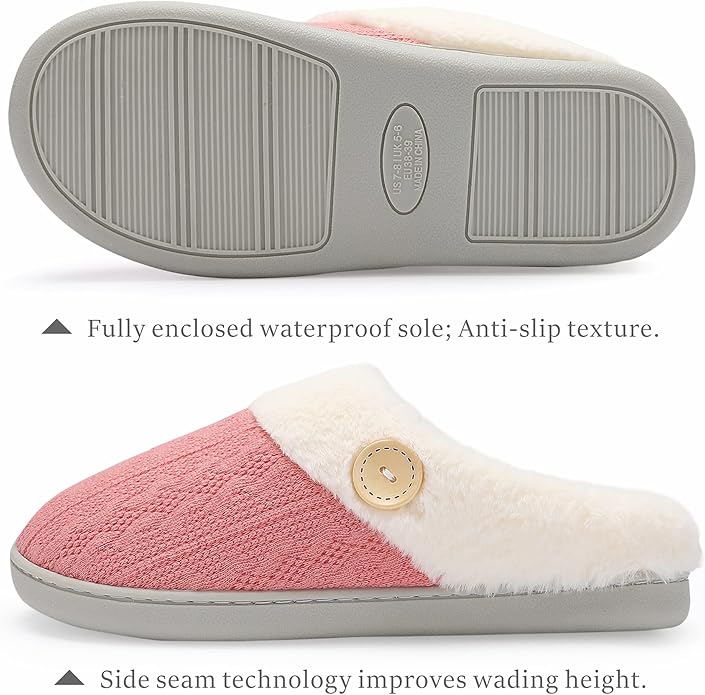 Chantomoo Womens Slipper Warm Comfy Memory Foam House Slippers Knitted Shoes Faux Fur Lined Anti-Skid Rubber Sole Bedroom Cozy Indoor Outdoor Slippers