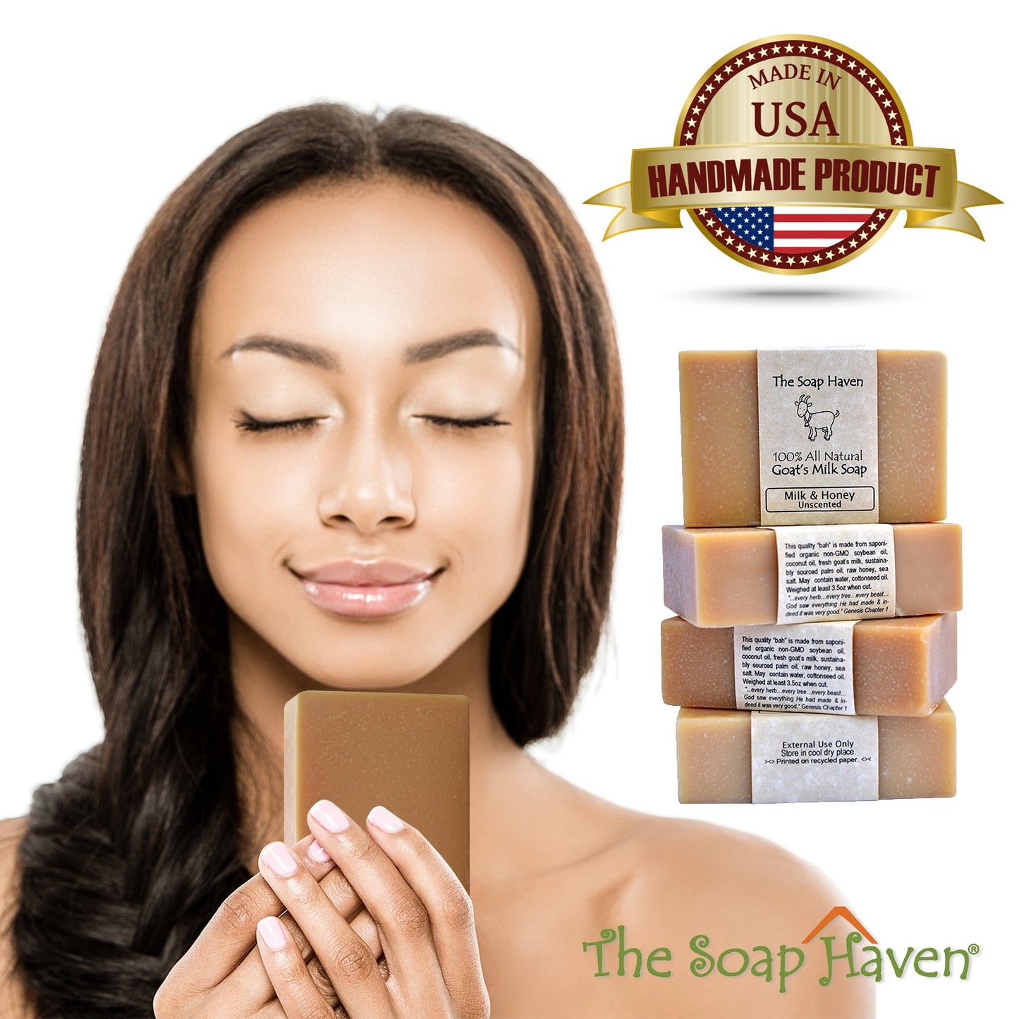 4 Goat Milk Soap Bars with Honey - Handmade in USA. All Natural Soap, Unscented, Fragrance Free, Fresh Goats Milk. Wonderful for Sensitive Skin and Babies. SLS, Paraben, GMO-Free