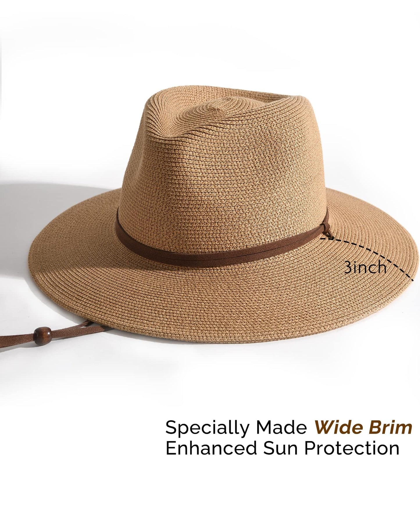 FURTALK Womens Summer Straw Sun Hats Wide Brim Panama Fedora Beach Hat with Wind Lanyard UPF 80+ Khaki