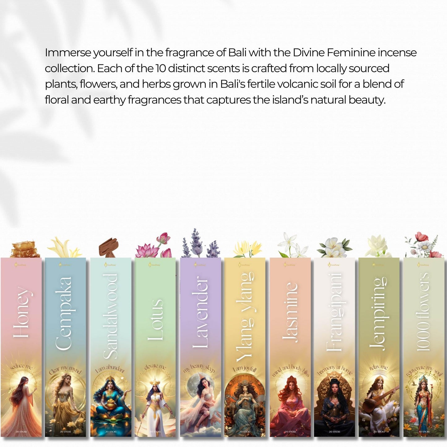 Divine Feminine Handmade Incense Sticks 10 Pack, Aromatherapy Sticks with Matching Music and Sound Bath, Home Fragrance Clean Burning Incense Collection for Meditation and Clarity, Made in Bali