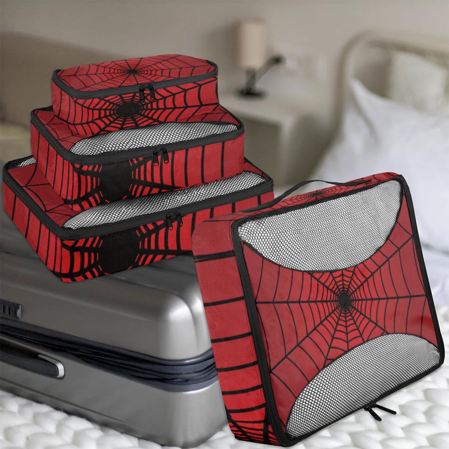 Spiders Web Red Compression Packing Cubes for Travel,Expandable Cubes Storage Bag Carry on Luggage Organizers for Toiletry Clothes Shoe Accessories 4 Set