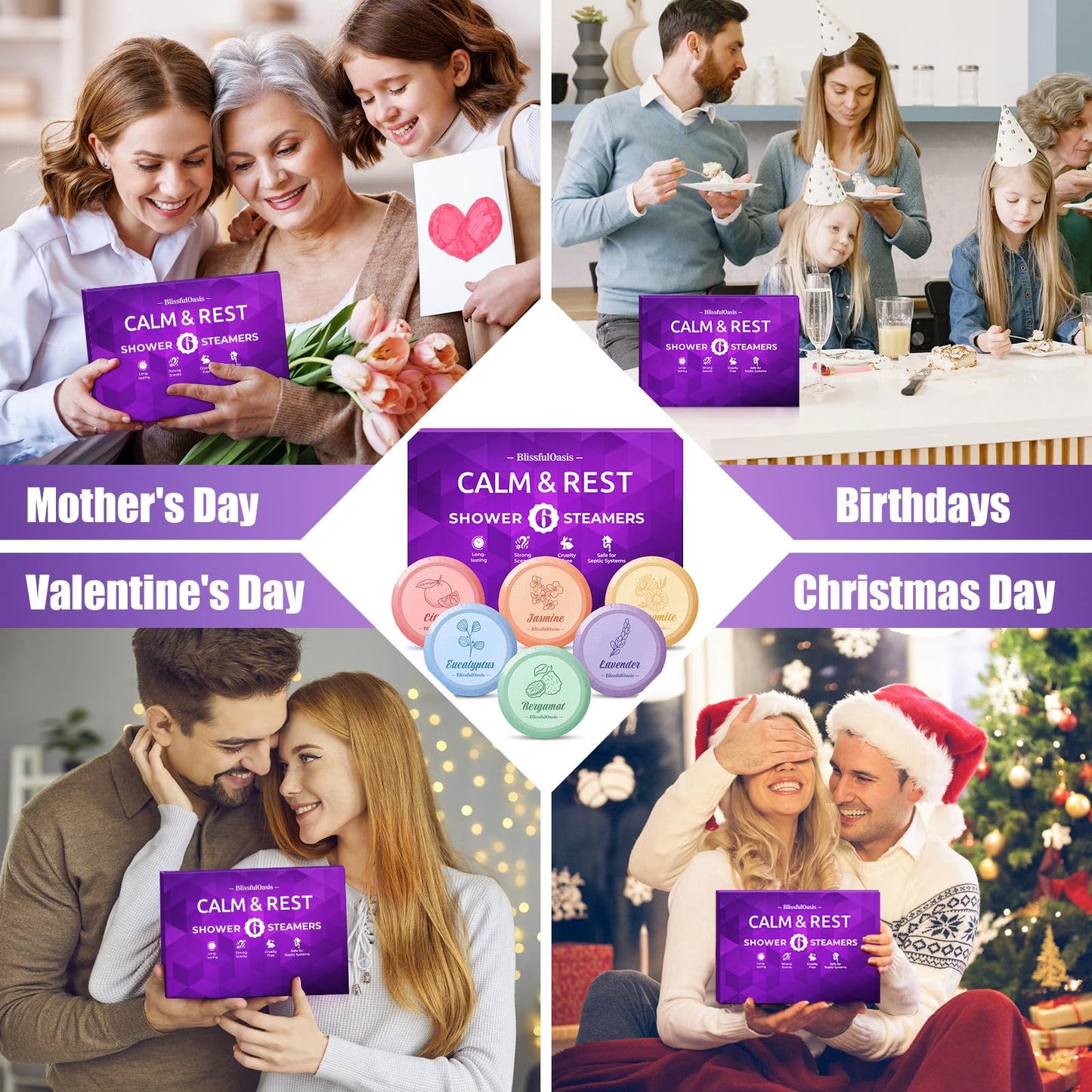 BlissfulOasis Shower Steamers 6 Packs, Shower Bath Bombs with Natural Fragrance, Self-Care & Relaxation Birthday Presents for Loved Ones, Shower Bombs with Valentine's Day Presents for Women and Men