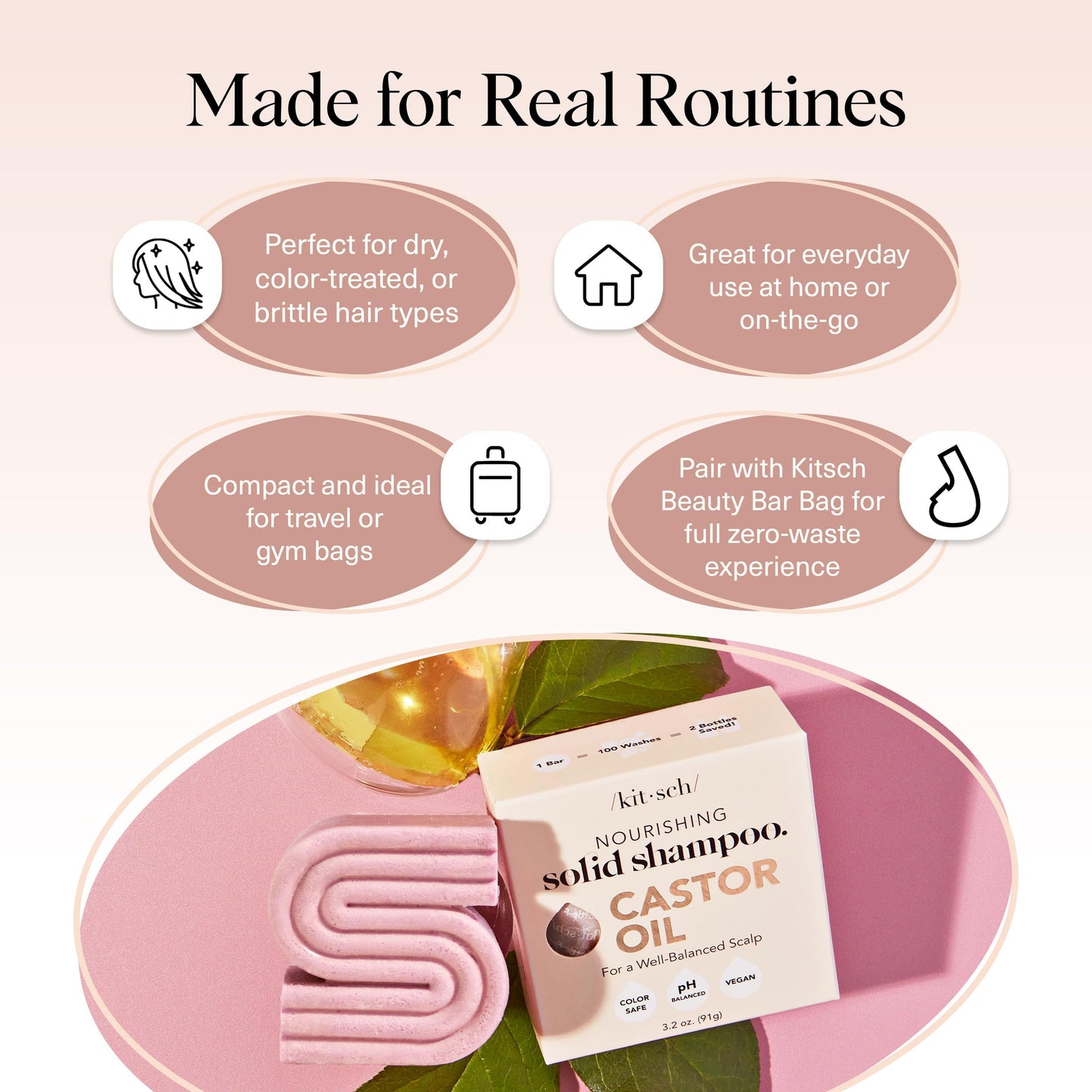 Kitsch Castor Oil Shampoo Bar Soap - Hydrating & Moisturizing Hair Care - Organic Castor Oil Solid Shampoo for Hair Growth & Scalp Nourishment - Silicone & Paraben-Free, Vegan, Made in USA - 3.2oz