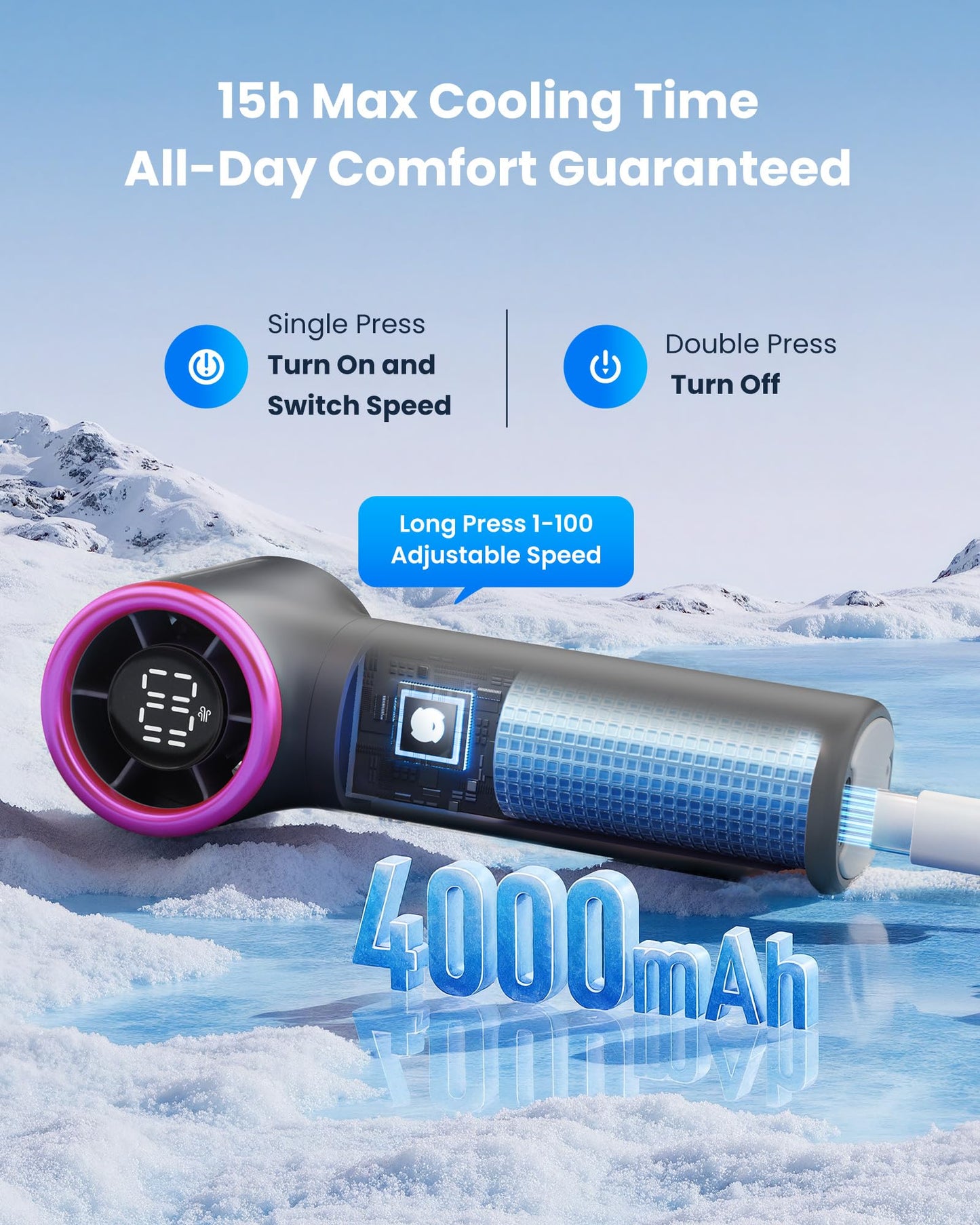 Gaiatop Mini Portable Handheld Fan, 4000mAh [15h Max Runtime] Personal Turbo Fans Pocket Size, High Speed 1-100 Adjustable Small Hand Fan, Outdoor Travel Concert Essentials, Gifts for Women Men, Gray