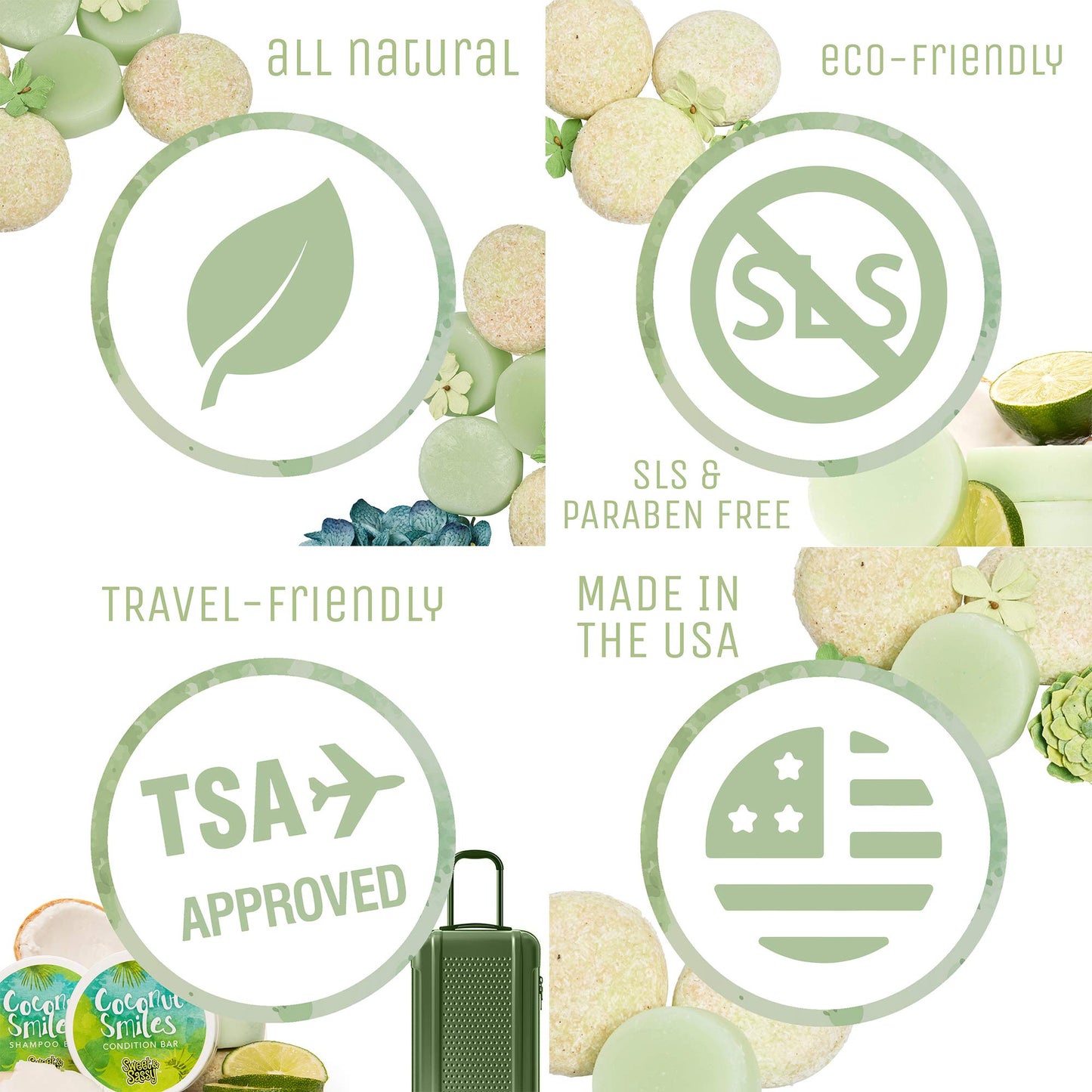 Sweet & Sassy 3 Conditioner Bars. Made in the USA. All Natural, Organic, SLS Free, Plastic Free, Safe for Color Treated Hair - Coconut Lime/Smiles.