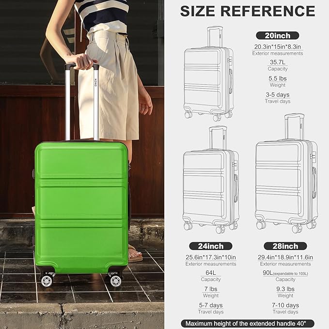 Kono 20'' Carry on Luggage Lightweight with Spinner Wheel TSA Lock Hardside Luggage Durable Small Carry on Suitcase Apple Green