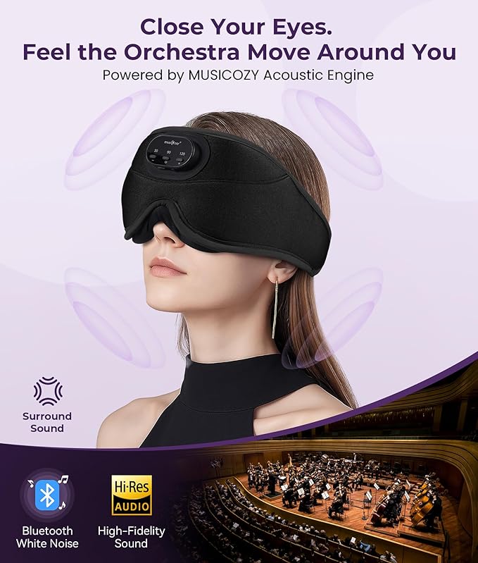 MUSICOZY 3D Bluetooth Sleep Mask with Headphones and Timer, Wireless Sleep Headphones for Side Sleepers, Eye Mask with Bluetooth Headphone, Black