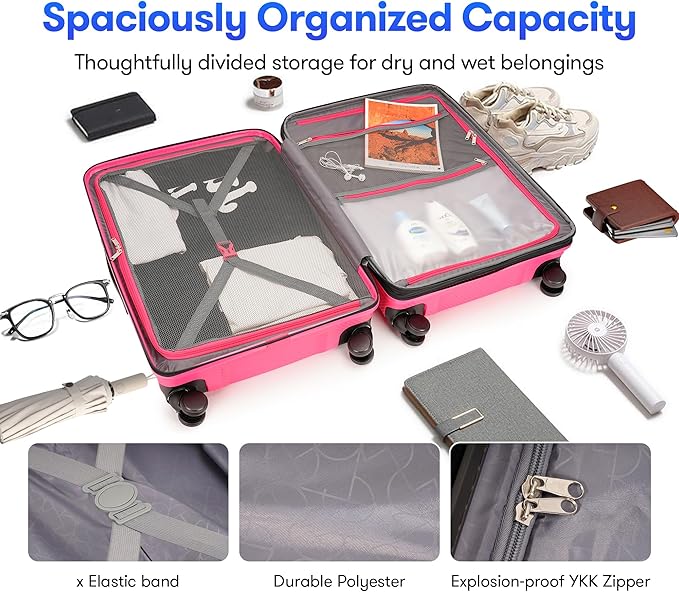 25 Inch Hardside Checked Luggage Large Lightweight Suitcase with Spinner Wheels TSA Lock, Checked-Medium 25-Inch, Dark Pink