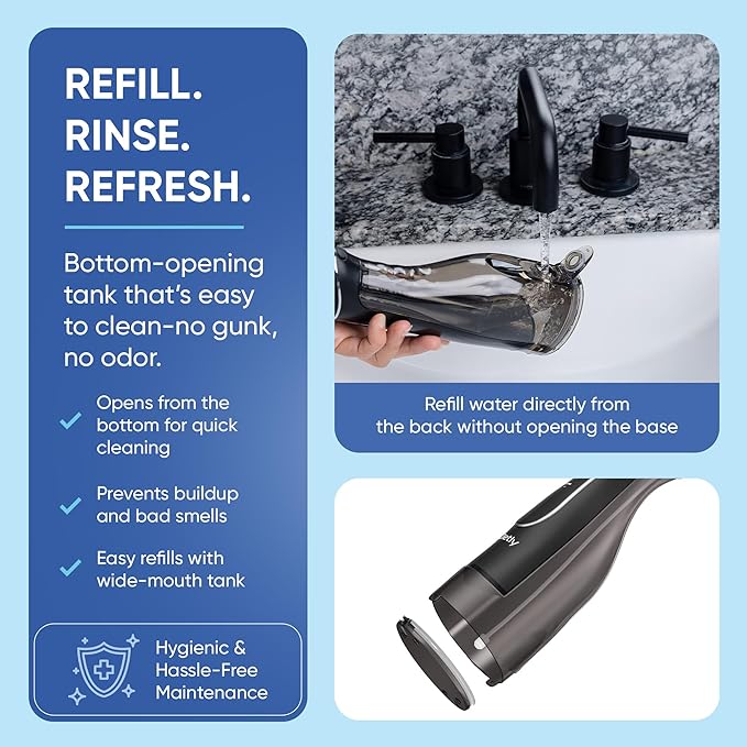 JETLY Water Dental Flosser Teeth Pick Cleaner: Travel Cordless Oral Irrigator 300ML Capacity Portable Rechargeable IPX7 Waterproof Electric Flossing Machine for Teeth Cleaning (Black)