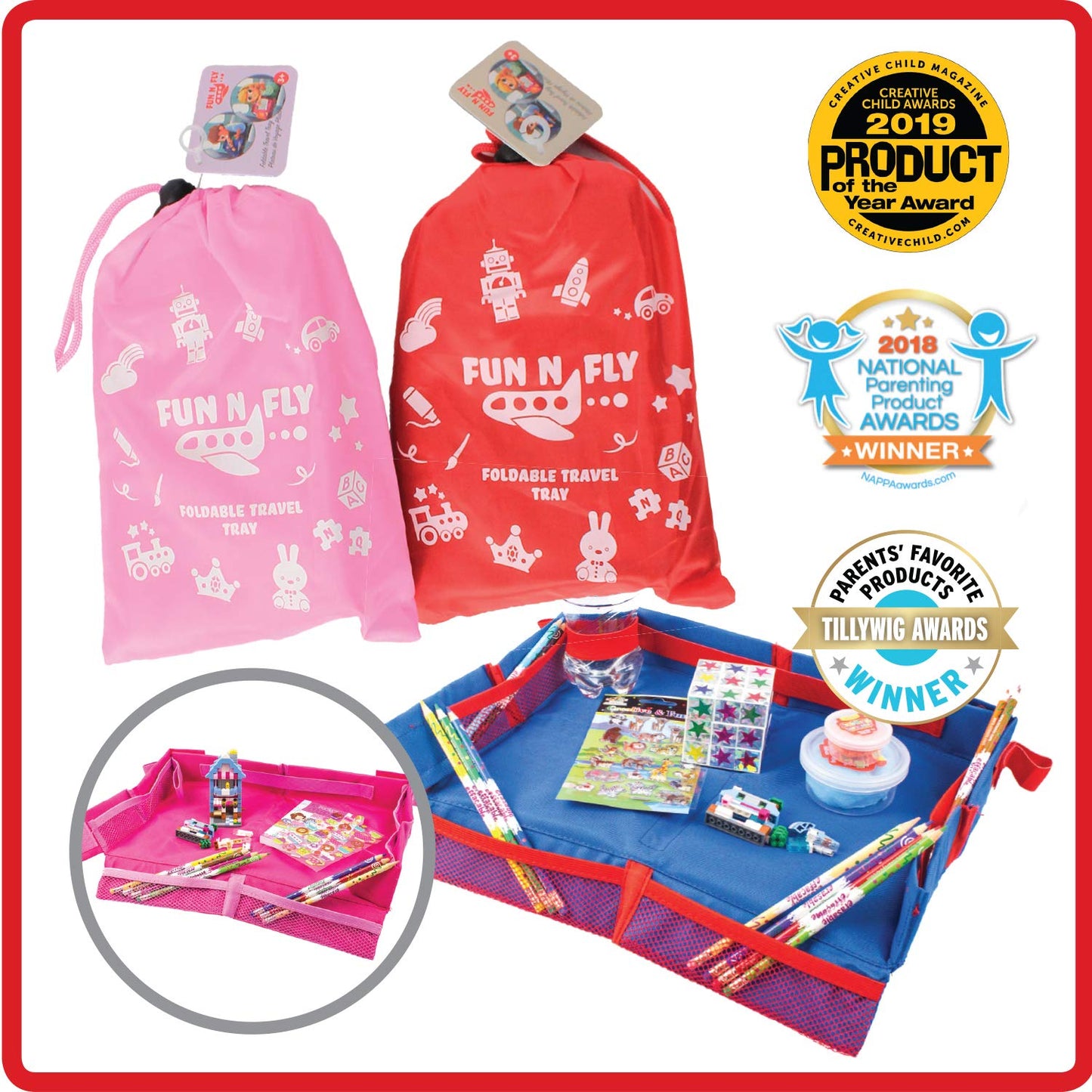 Fun N Fly Foldable Travel Tray - Blue Red Portable Durable Kids, Toddler, Baby Play Space and Snack Desk for Airplane Travel by FunnFly