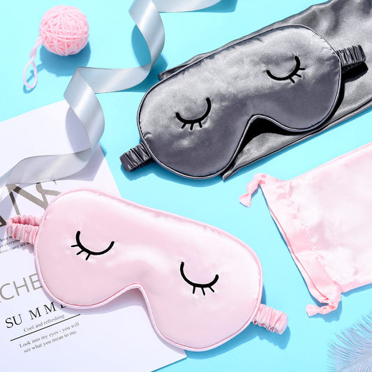 Geyoga 2 Pcs Cute Sleep Eye Masks for Adult Silk Sleep Eye Cover Cute Lightweight Adjustable Eyeshade Mask Satin Night Eyeshade Covers with 2 Pcs Storage Bag(Adult, Pink, Gray)