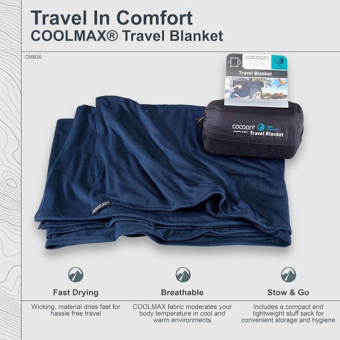 cocoon - Coolmax Travel Blanket | Compact Throw Blanket for Camping and Hiking | Fits in Backpack | Attaches to Luggage | Travel Essential | Fast Drying (Regular 70" x 55")
