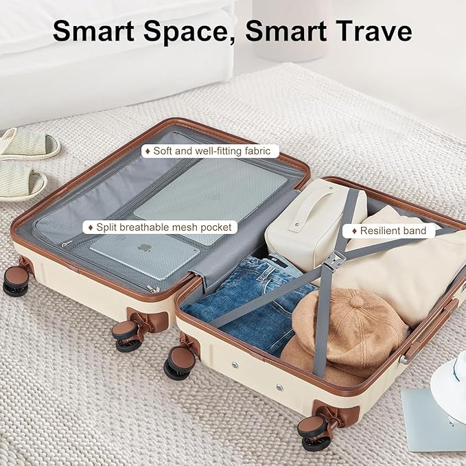 Carry On Luggage Sets,20 Inch Carry-on Suitcase with Spinner Wheels,PC+ABS Lightweight Hardshell with TSA lock,Airline Approved (beige)