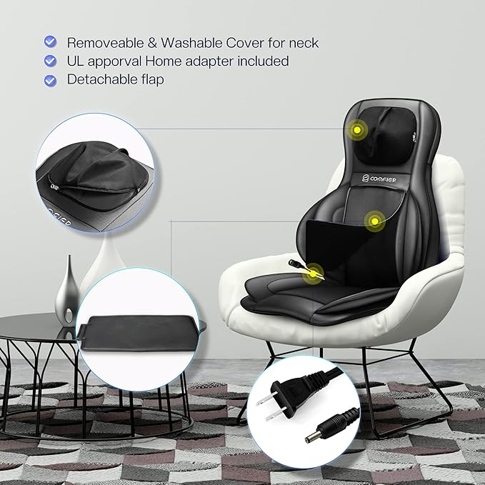 COMFIER Shiatsu Neck Back Massager with Heat,2D/3D Massage Chair Pad with App Control,Deep Tissue Kneading Massage Chair Pad with Compression,Chair Massager for Full Body,Gifts for Mom,Dad, Black