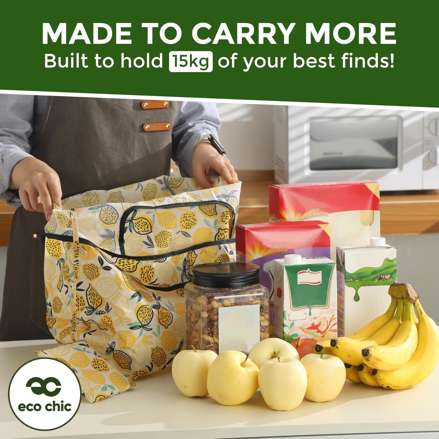 ECO CHIC Foldable Reusable Large Recycled Grocery Bags Lightweight Shopping Tote Bags with Storage Pouch - Collection of 4 bags