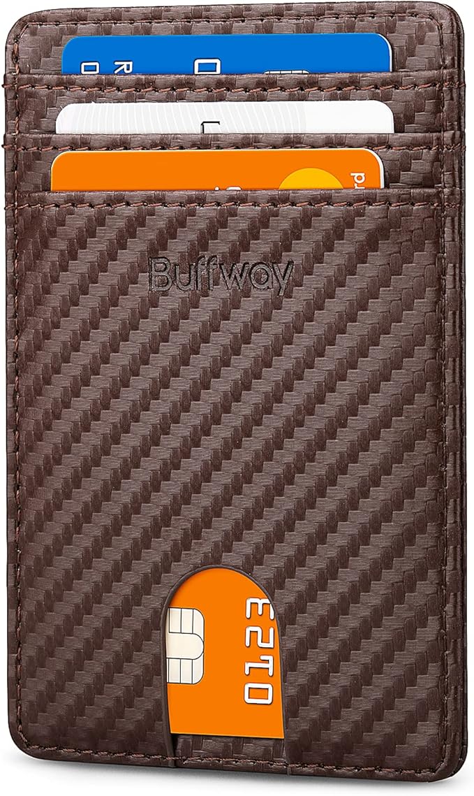 Buffway Mens Slim Wallet, Minimalist Thin Front Pocket Leather Credit Card Holder with RFID Blocking for Work Travel