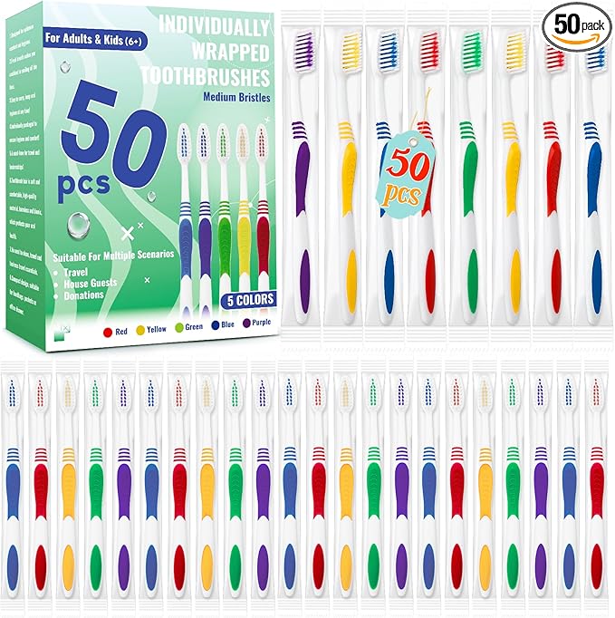 50 Pcs Toothbrush Bulk Disposable, Travel Toothbrushes Pack, Soft Bristle Individually Wrapped and Good Cleaning for Kids, Adult and The Elderly. Suitable for Hotel, Travel, Home, Donated
