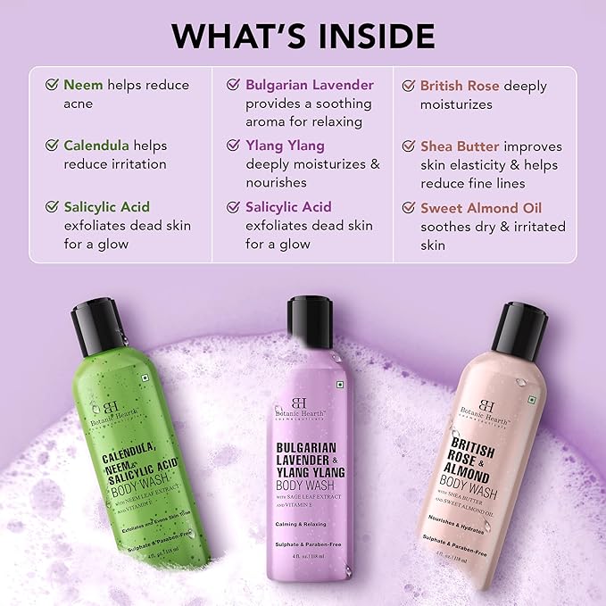 Botanic Hearth Relax And Renew Shower Set | Pack Of 3 Of Body Wash (British Rose,Lavender, Calendula Neem) 4 Fl Oz Each