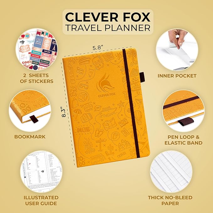 Clever Fox Travel Journal – Vacation & Trip Organizer with Budget Plan, Packing List, Travelling Expense Tracker, A5 (Amber Yellow)