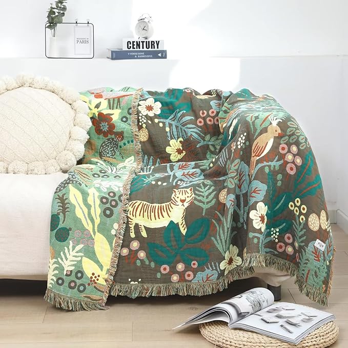 Boho Throw Blanket for Bed 100% Cotton Ultra Soft Rustic Quilt Fall Blanket Forest Tiger Printed Farmhouse Decor Bed Blankets,60"×80" All Season Rustic Throw for Sofa Couch Chair