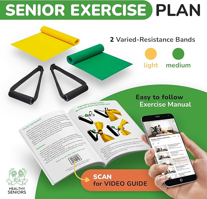 Chair Exercise Program with Two Resistance Bands, Handles and Printed Exercise Guide. Suitable for Rehab or Physical Therapy. Thoughtful Gift for Grandma or Grandpa