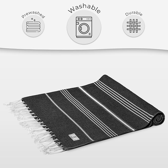 Black Turkish Beach Towel – Absorbent & Quick Dry, Oversized (39” x 71”), Decorative, Lightweight, and Functional, Great as a Yoga Blanket, Beach Blanket, or Cruise, and Gym Towel