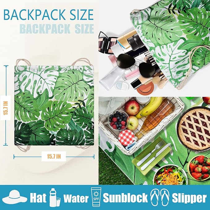 2 in 1 Packable Towel Bag - Summer Tropical Beach Blanket Backpack Green Travel Picnic Towel for Family Holiday Camping
