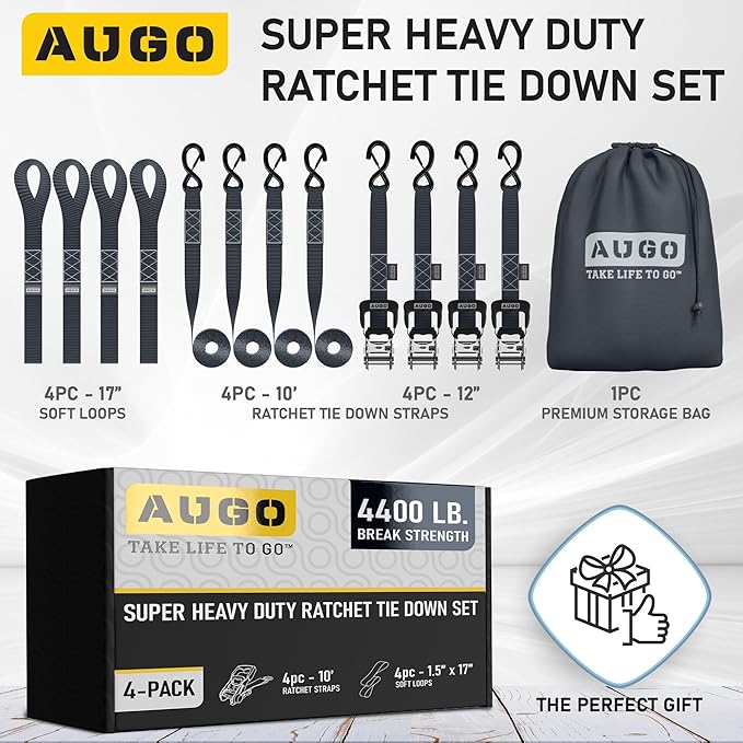 AUGO Heavy Duty Ratchet Straps & Soft Loops – Pack of 4 Extra Strong 1.5” by 10’ Ratchet Straps w/S-Hook Safety Latches & 4 Soft Loop Tie Downs – 4400Lb Break Strength for Motorcycles, ATVs, Etc.