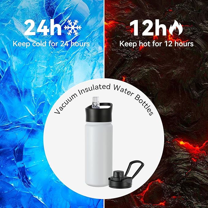 16 oz Insulated Water Bottle with Straw Lids, Stainless Steel Kids Water Bottles for School, Double Wall Vacuum Metal Water Bottle with Straw & Wide Mouth Lid, White 1 Pack