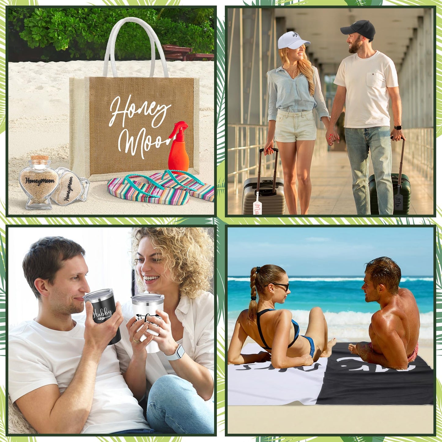 Rtteri 14 Pieces Wedding Gift Set for Couple - Mr & Mrs Honeymoon Gifts Include Wedding Towels, 20 oz Wine Tumbler, Hat, Passport Holder, Baggage Tag, Glass Bottle, Honeymoon Tote Bag