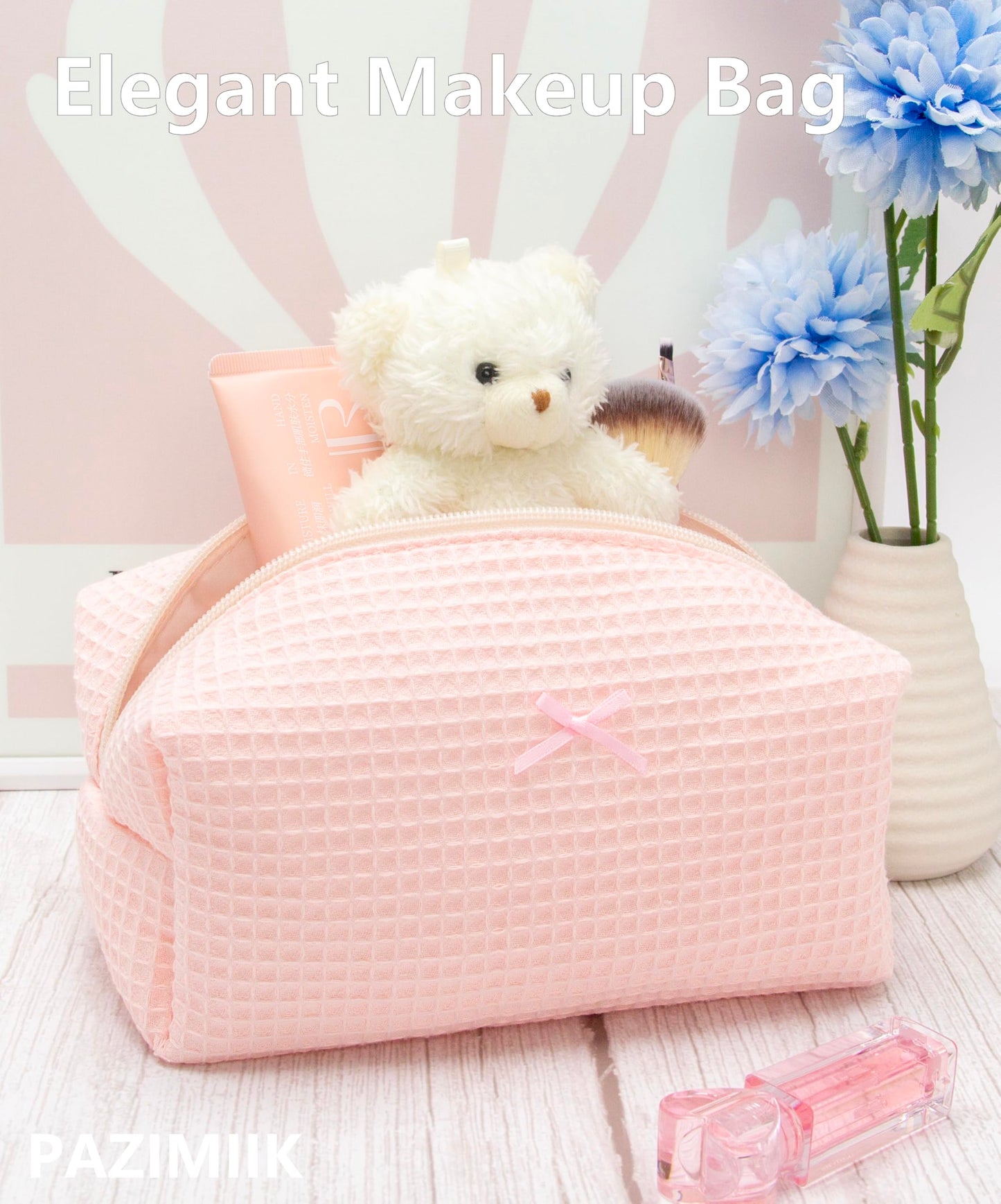 Cozy Makeup Bag Travel Cosmetic Bag for Women Soft Toiletry Bag Aesthetic Makeup Organizer Portable Large Zipper Pouch for Skincare Beauty Accessories Brushes Waffle Check Light Pink