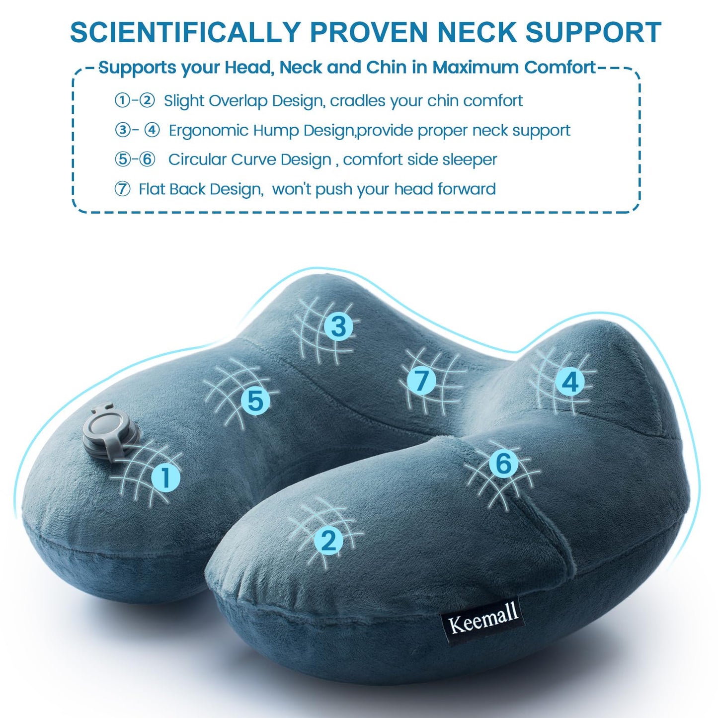 Keemall Inflatable Travel Neck Pillow for Airplane Sleeping Blow Up Neck Support Air Pillow Traveling on Plane Long Flights Washable