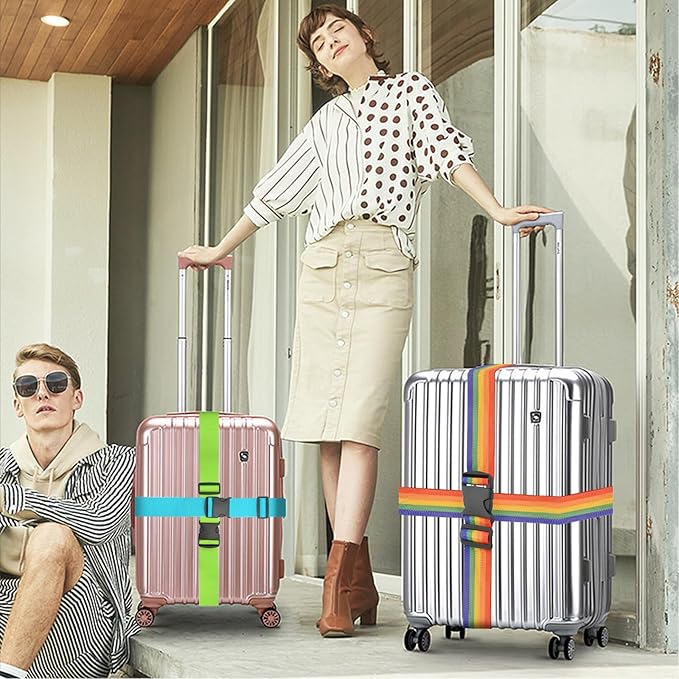 BILIONE 8 Pcs Luggage Straps, 79" Long Belts Keep Suitcase Secure While Traveling, TSA Approved Add a Bag Premium Accessory for Travel Bag Closure (4Pcs Black + 4Pcs Green)