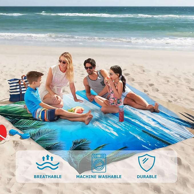 Beach Blanket Waterproof Sandproof, Palm Tree Oversized Extra Large Picnic Mat 83"×95"/8 × 7 FT for 1-7 Adults for Travel Camping Hiking, Quick Drying Lightweight Outdoor Beach Vacation Essentials