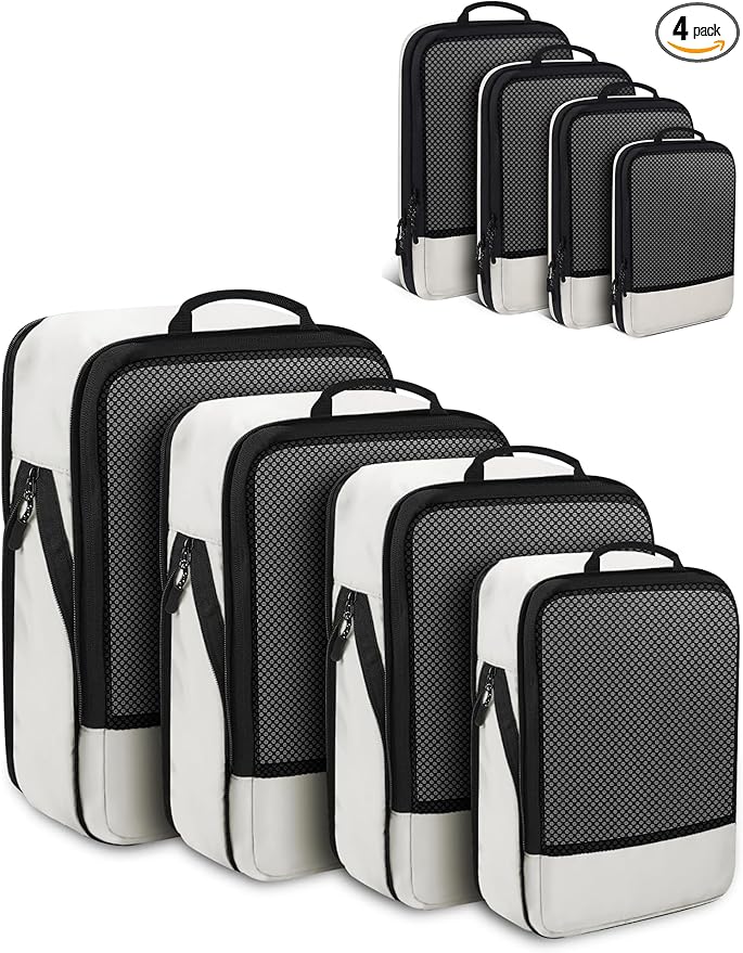 4 PCS Set Compression Packing Cubes for Travel, Lightweight Packaging Organizer Bags for Carry On Space Saving, Travel Essentials Cubes for Suitcase Backpack, Beige