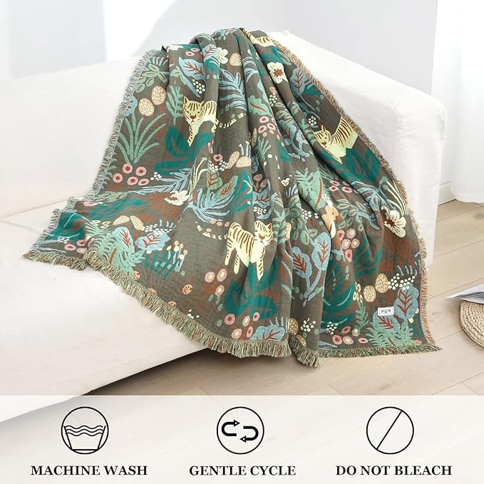 Boho Throw Blanket for Bed 100% Cotton Ultra Soft Rustic Quilt Fall Blanket Forest Tiger Printed Farmhouse Decor Bed Blankets,60"×80" All Season Rustic Throw for Sofa Couch Chair