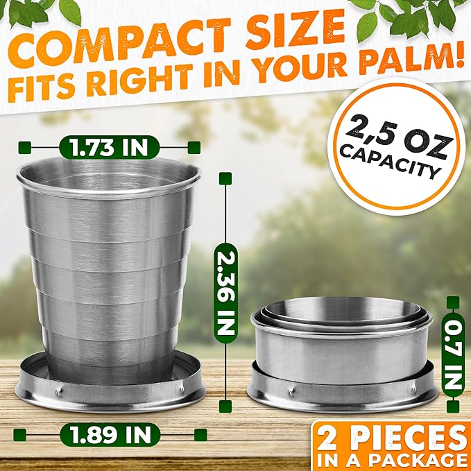 Collapsible Shot Glass with Lid - 2.5Oz (75ml) Stainless Steel Travel Shot Glasses, Rust & Bend Resistant, Keychain for Easy Portability - Collapsible Cups for Traveling, Fishing, Camping
