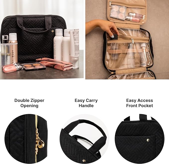 Carrywell |Not Made In China| Hanging Toiletry Travel Bag For Women, Makeup Organizer Case, Water-Resistant Cosmetic Bag For Full-size Containers, Toiletries (Black, Large)