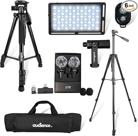 Audience Professional Mobile Creator Kit - 72" Adjustable Tripod with Monopod, LED Fill Light, Dual Lavalier Microphones, Rotating Phone Mount, Bluetooth Remote & Travel Case